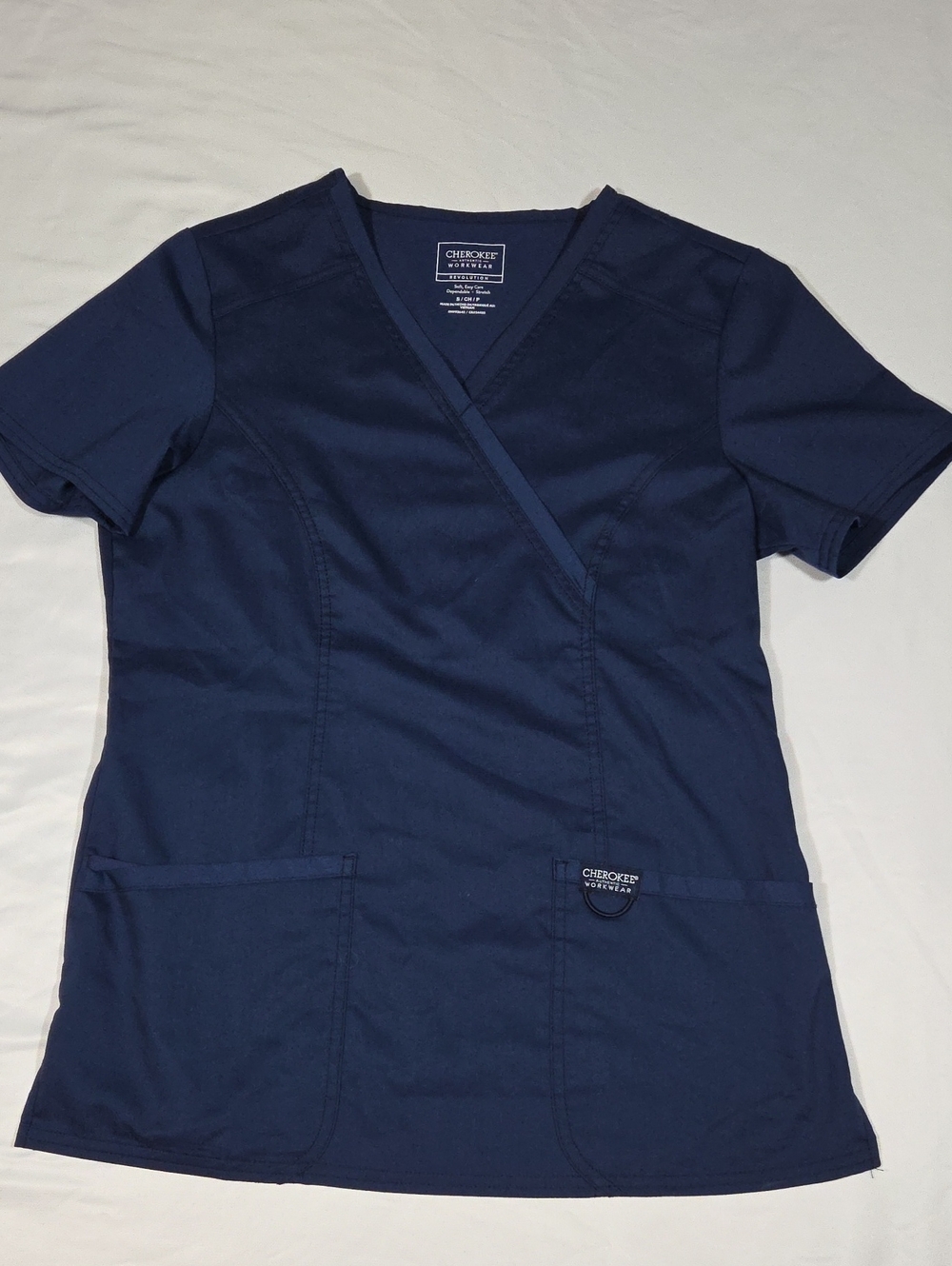 Cherokee Workwear Revolution Women's Mock Wrap Scrub Top navy blue Size Small